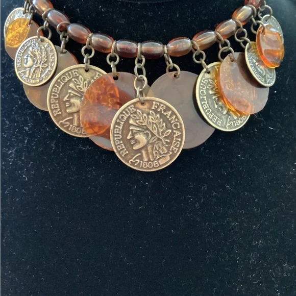 Gold and Brown Statement Necklace with Circular Pendants - Picture 2 of 4